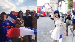 Vợ chồng siêu mẫu Trang Lạ và siêu mẫu Jessica Minh anh xuống đường ăn mừng chiến thắng World Cup 2018