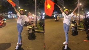 Vừa trở về từ Miss World, Tiểu Vy giản dị xuống đường ‘đi bão’ để cổ vũ cho đội tuyển Việt Nam