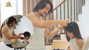 Biểu cảm đáng yêu của của 2 nhóc tỳ nhà Đạo diễn Hoàng Nhật Nam khi được ba tự tay cắt tóc